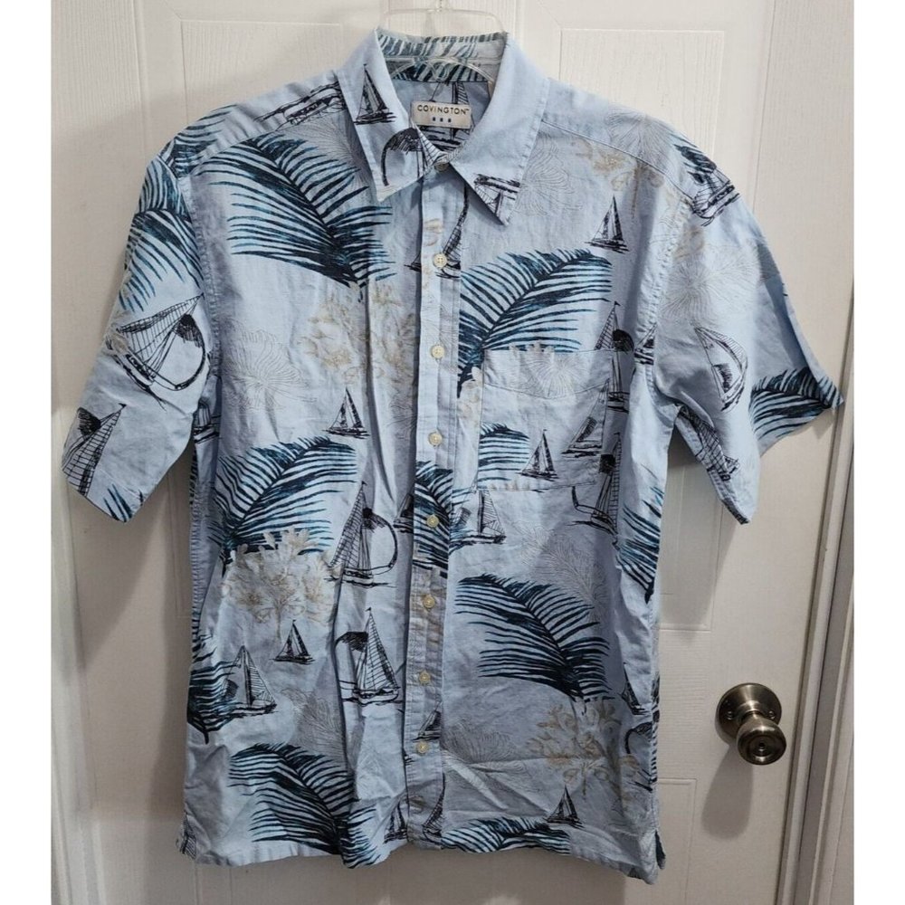 VTG Covington Blue Hawaiian Leaf  Linen Blend Short Sleeve‎ Button Shirt Size S